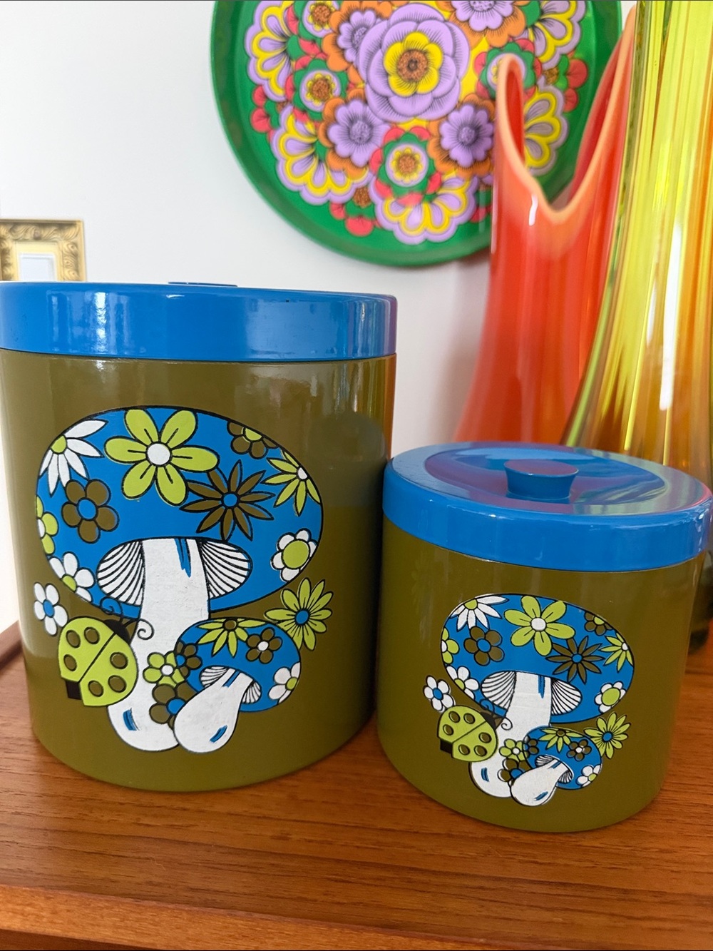 Retro groovy Mushroom Canister Set in Olive Green and Bright Blue